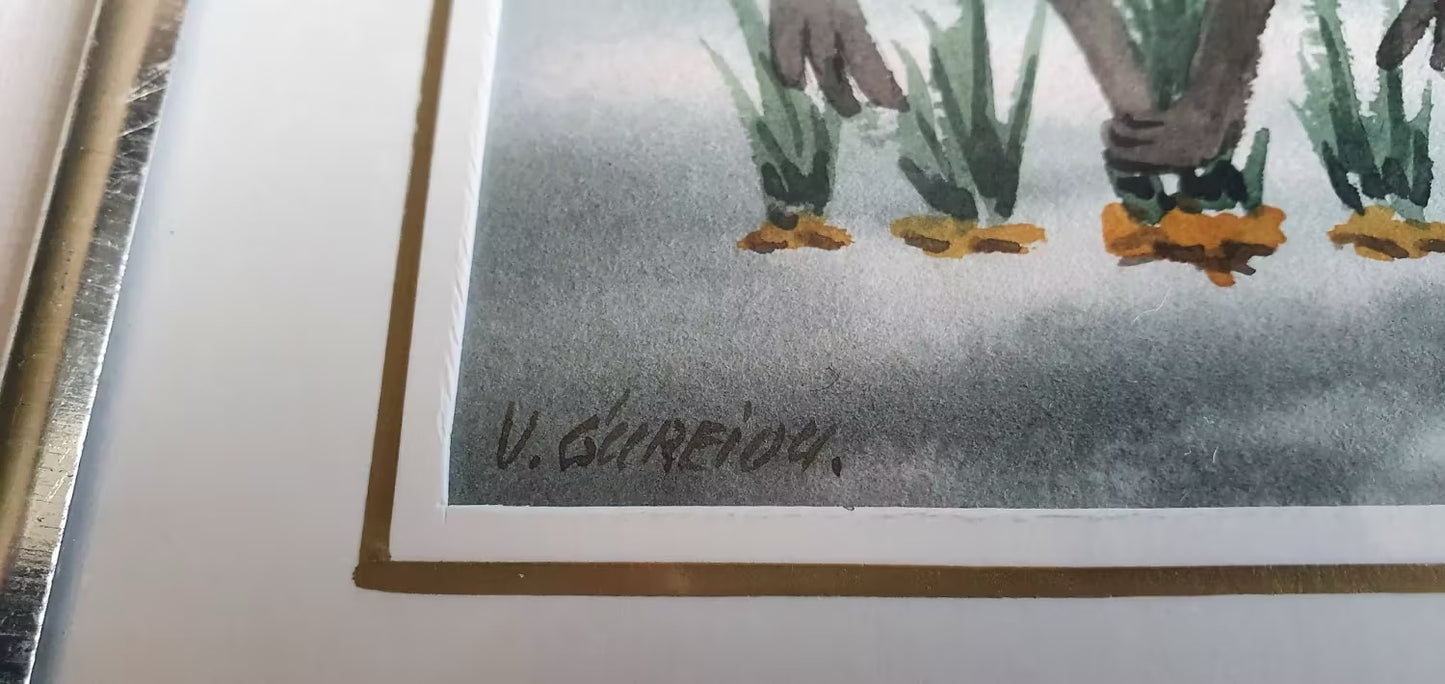 ORIGINAL WATERCOLOR PAINTING - Estonian artist V.GUREI - Whimsical Rabbit - Framed 13 x 17 cm - 2004