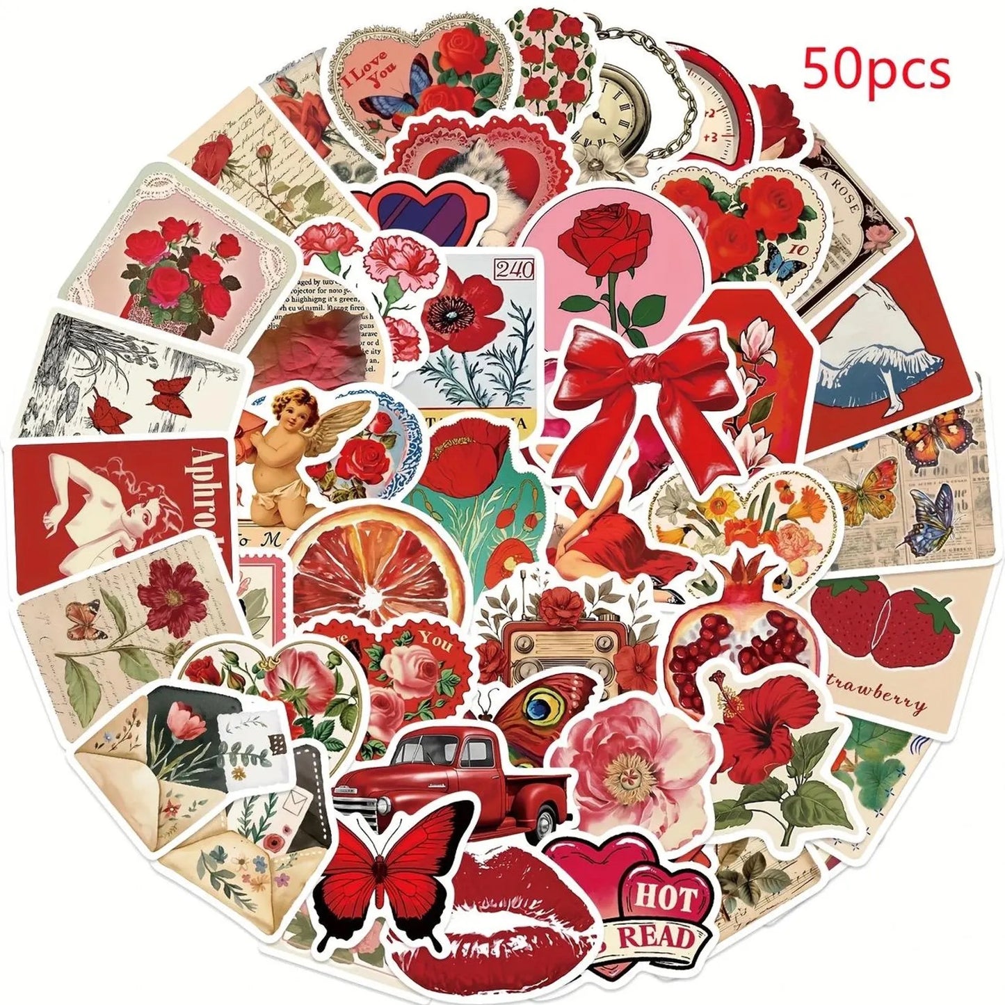 50 pcs Vintage Red colour Stickers - Deco Paper Ephemera