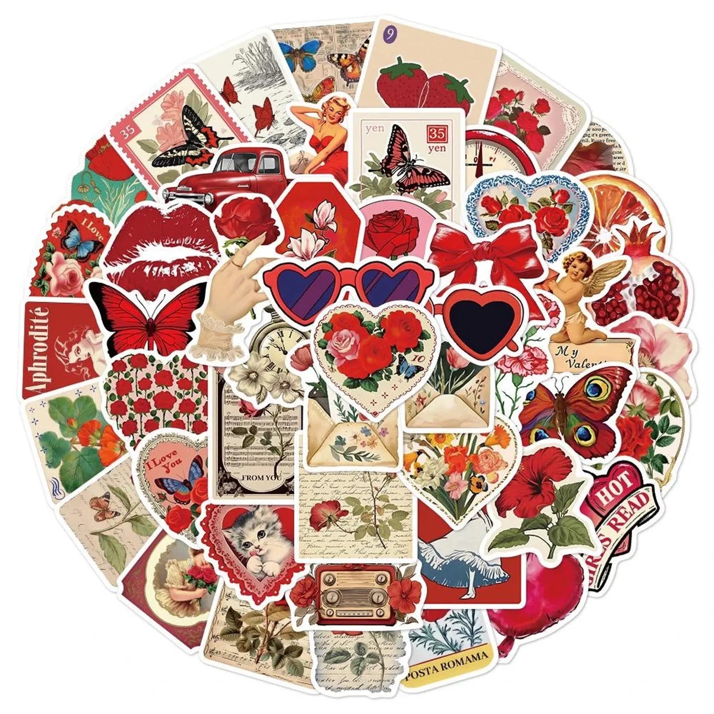 50 pcs Vintage Red colour Stickers - Deco Paper Ephemera
