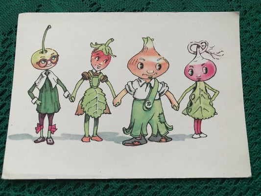 Soviet Russian Cartoon art postcard - Chipollino and friends - Printed in USSR - 1956 - unused