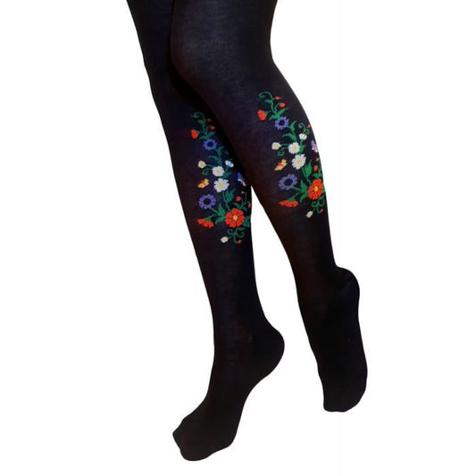 Black tights with Estonian national floral pattern. Gift idea!! Elegant floral knit pattern pantyhose for women and girls.