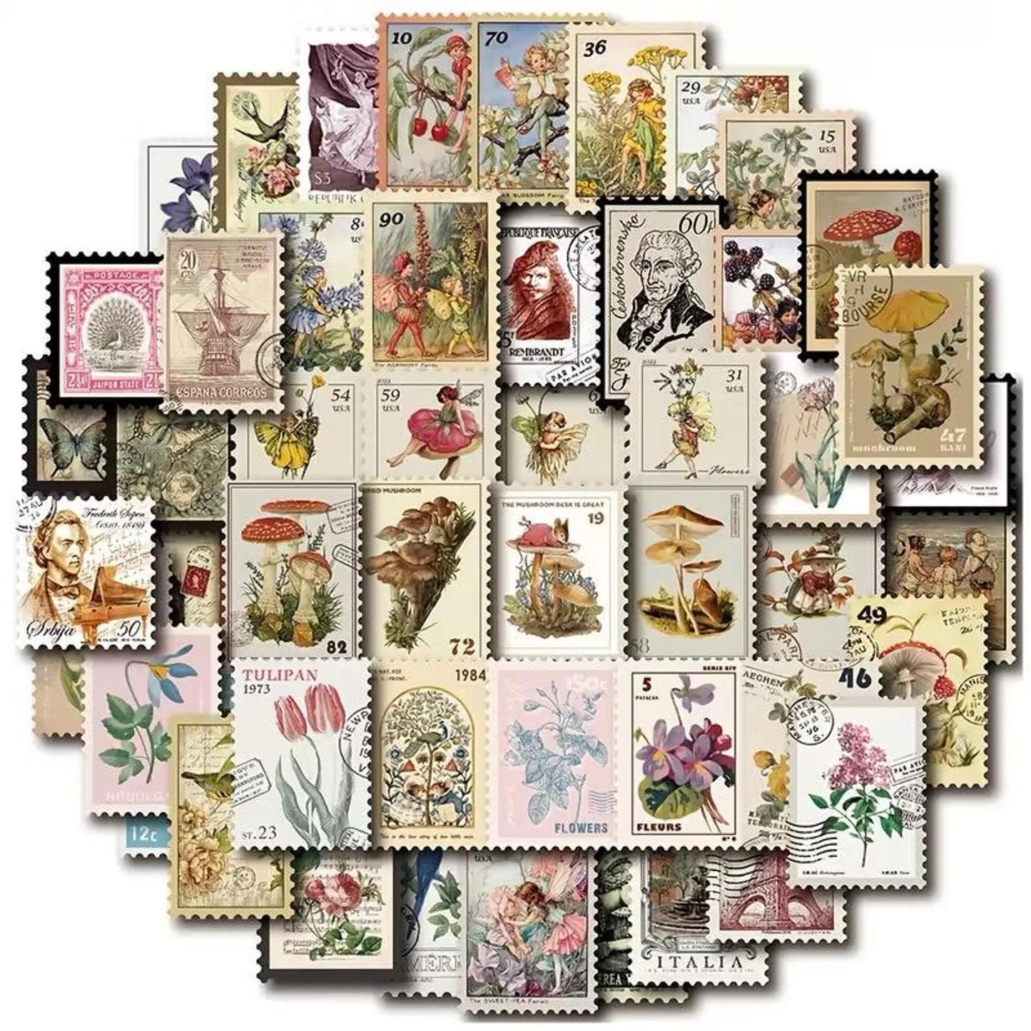50 pcs Vintage Fairy Woodland Mushroom Forest Stamp-style Stickers - Deco Paper Ephemera