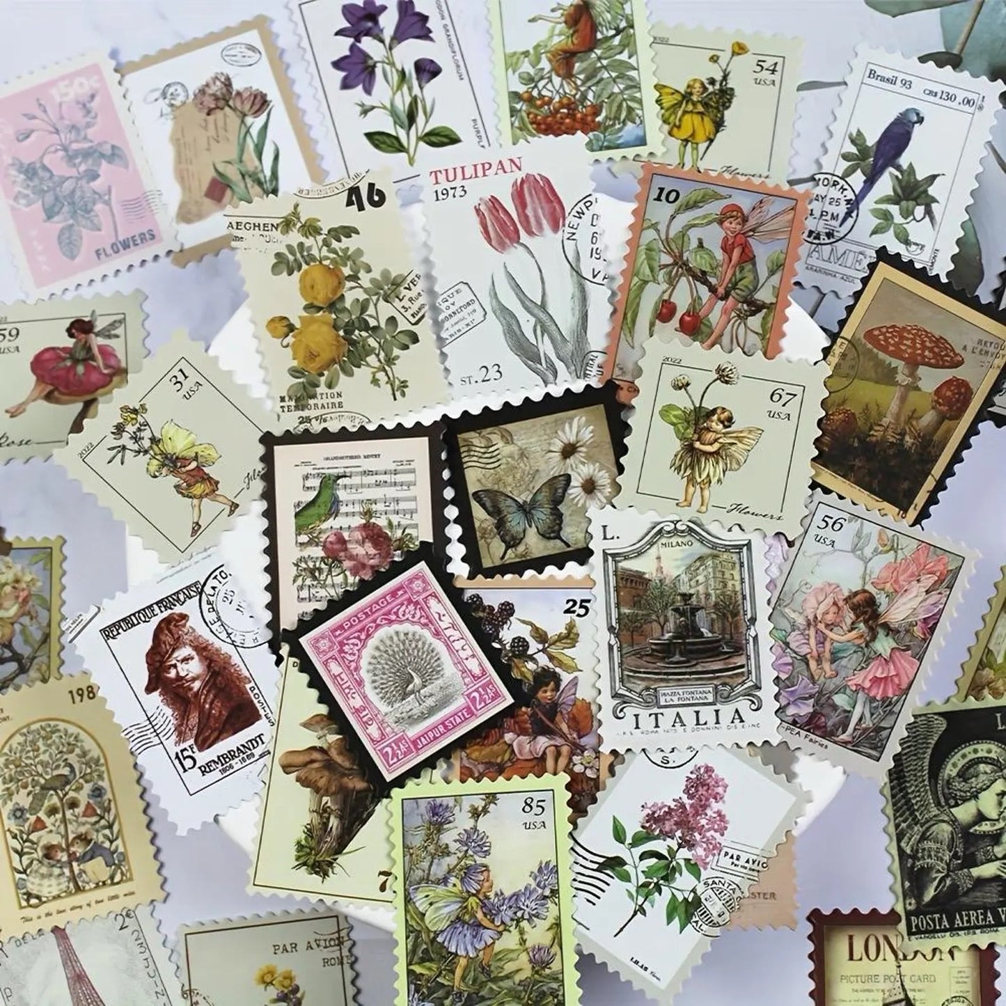 50 pcs Vintage Fairy Woodland Mushroom Forest Stamp-style Stickers - Deco Paper Ephemera