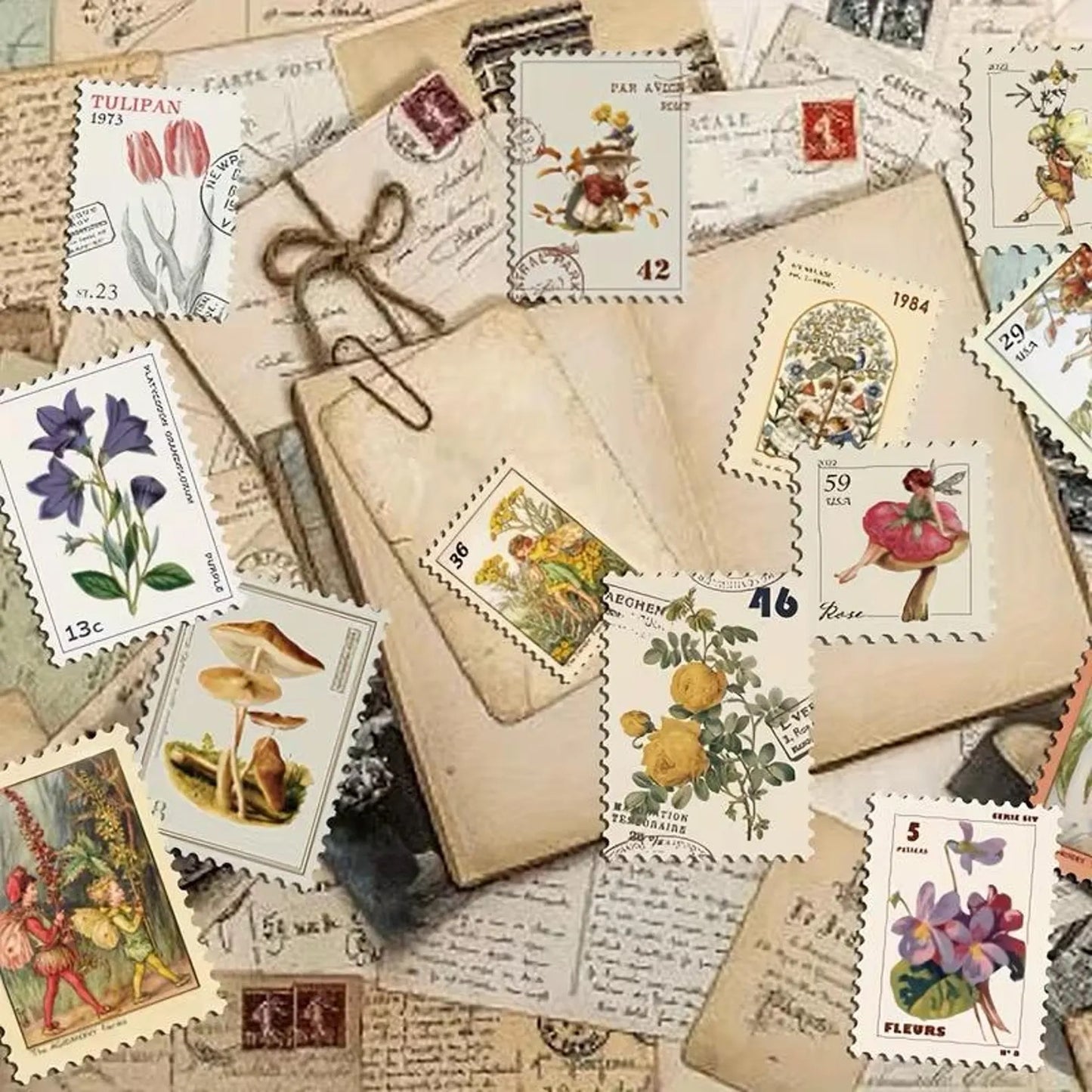 50 pcs Vintage Fairy Woodland Mushroom Forest Stamp-style Stickers - Deco Paper Ephemera