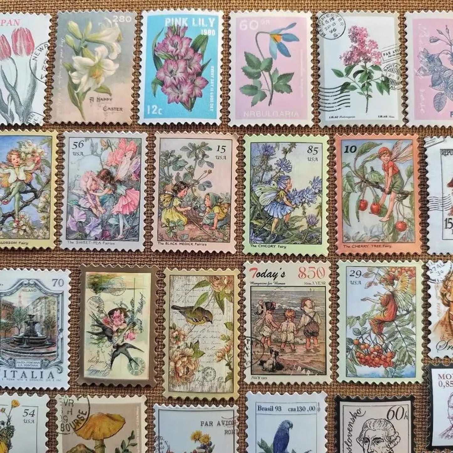 50 pcs Vintage Fairy Woodland Mushroom Forest Stamp-style Stickers - Deco Paper Ephemera