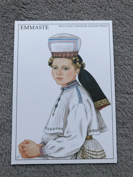 Estonian art postcard - Estonian Folk dress - EMMASTE area on Hiiumaa island National costume - Artist Mari Kaarma - 1996 - unused