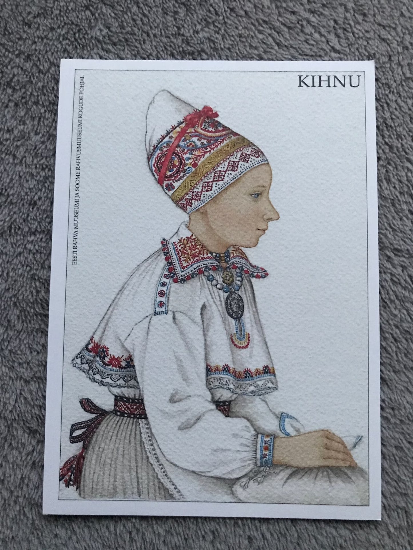 Estonian art postcard - Estonian Folk dress - KIHNU island National costume - Artist Mari Kaarma - 1998 - unused