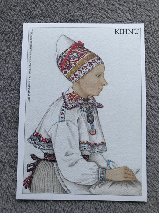 Estonian art postcard - Estonian Folk dress - KIHNU island National costume - Artist Mari Kaarma - 1998 - unused