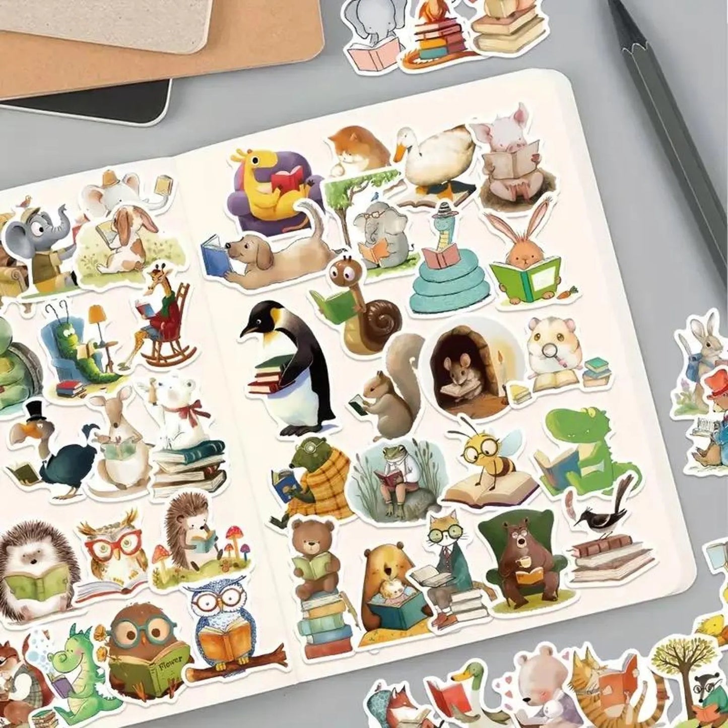 50 pcs Vintage Cute Animal Reading Stickers - Deco Paper Ephemera