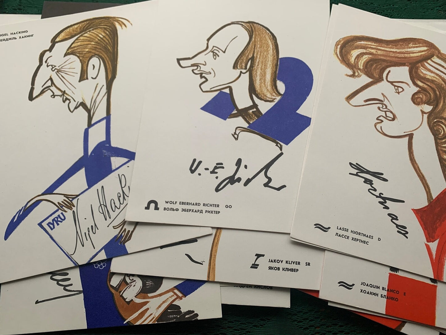 Set of 48 Humorous sketches of sailing athletes - Olympic Regatta Tallinn 1980 prints (Moscow Olympics 1980) - Text in Estonian Russian English German -Artist Alfred Saldre - 1980 - unused