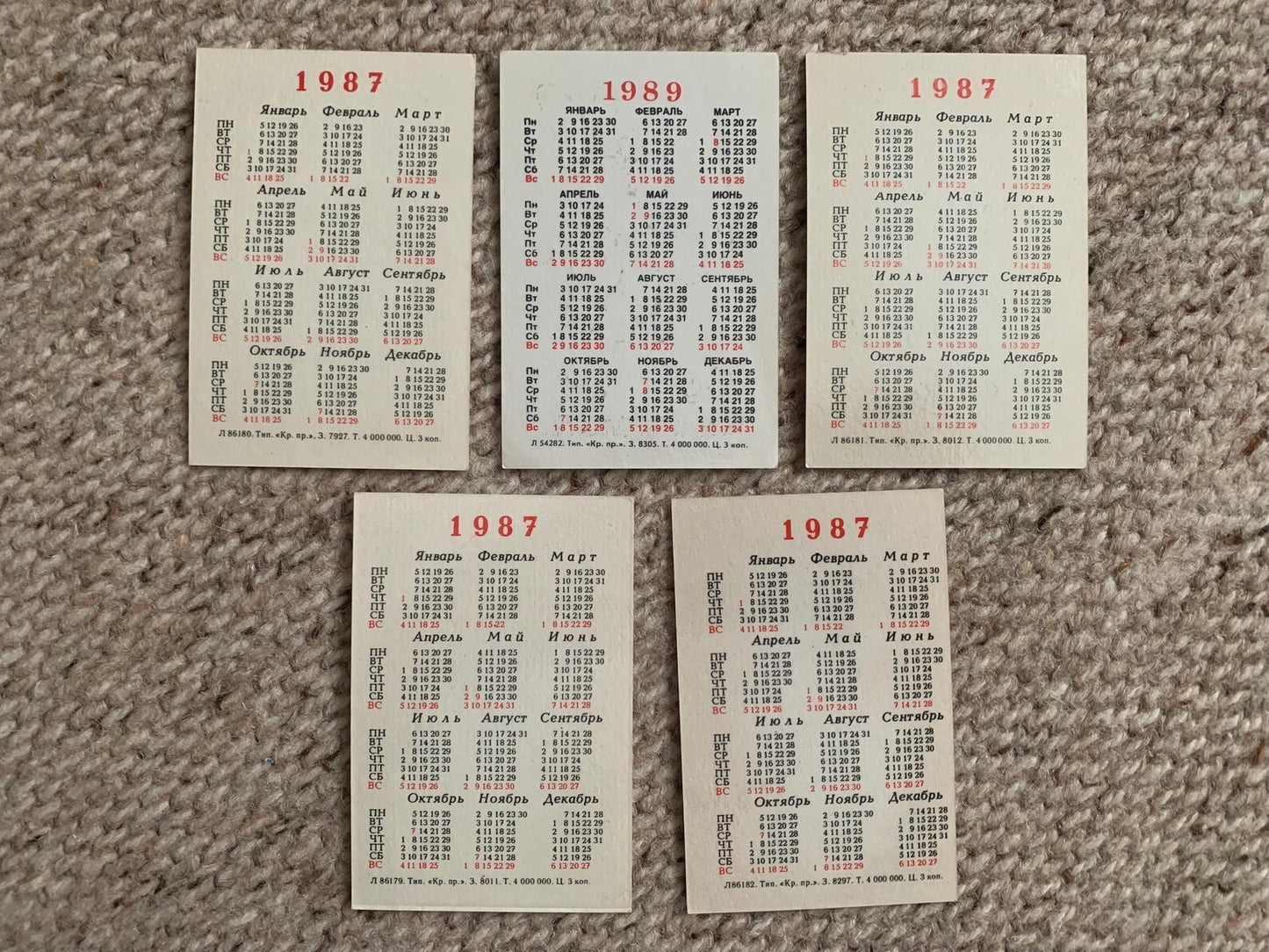 Set of 5 pocket calendars - Soviet cartoon / fairy-tale theme - 1987-1989