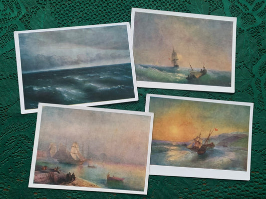 Soviet art postcards - AIVAZOVSKY marine art postcards - stormy sea view cards - sailing boats - Printed in USSR - collectible cards - 1980s - unused