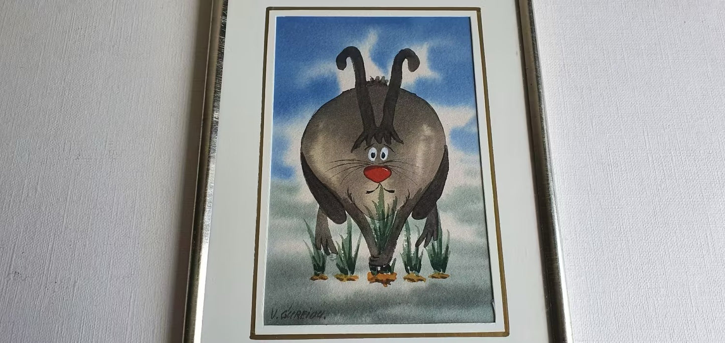 ORIGINAL WATERCOLOR PAINTING - Estonian artist V.GUREI - Whimsical Rabbit - Framed 13 x 17 cm - 2004