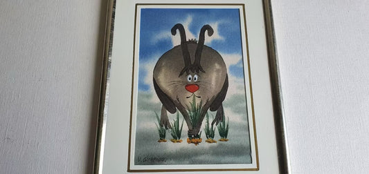 ORIGINAL WATERCOLOR PAINTING - Estonian artist V.GUREI - Whimsical Rabbit - Framed 13 x 17 cm - 2004