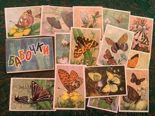 Set of 16 Vintage USSR collectible cards - BUTTERFLIES - Printed in USSR - 1982 - unused