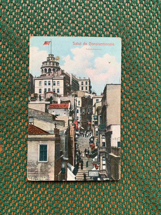 Old postcard - Antique postcard - Yuksek Kaldirim - High Sidewalk - Salut de Constantinople - Istanbul - Turkey - early 1900's - unused
