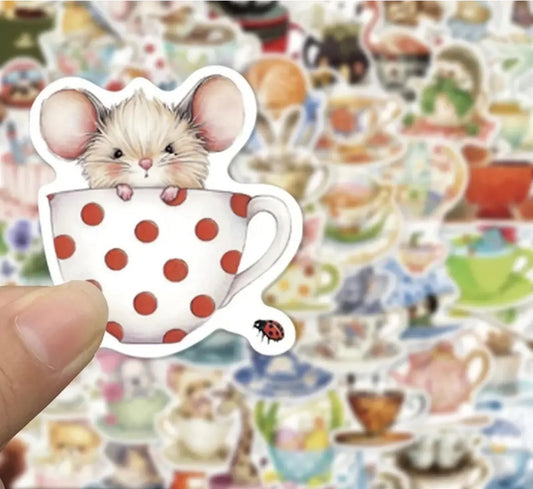 50 pcs Vintage Cute Animal in Tea Cup Stickers - Deco Paper Ephemera