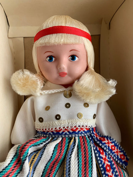 Authentic Souvenir Doll "Teele" in Estonian National Dress - Original package - Original factory tag - Soviet Retro Doll - Salvo USSR 1990