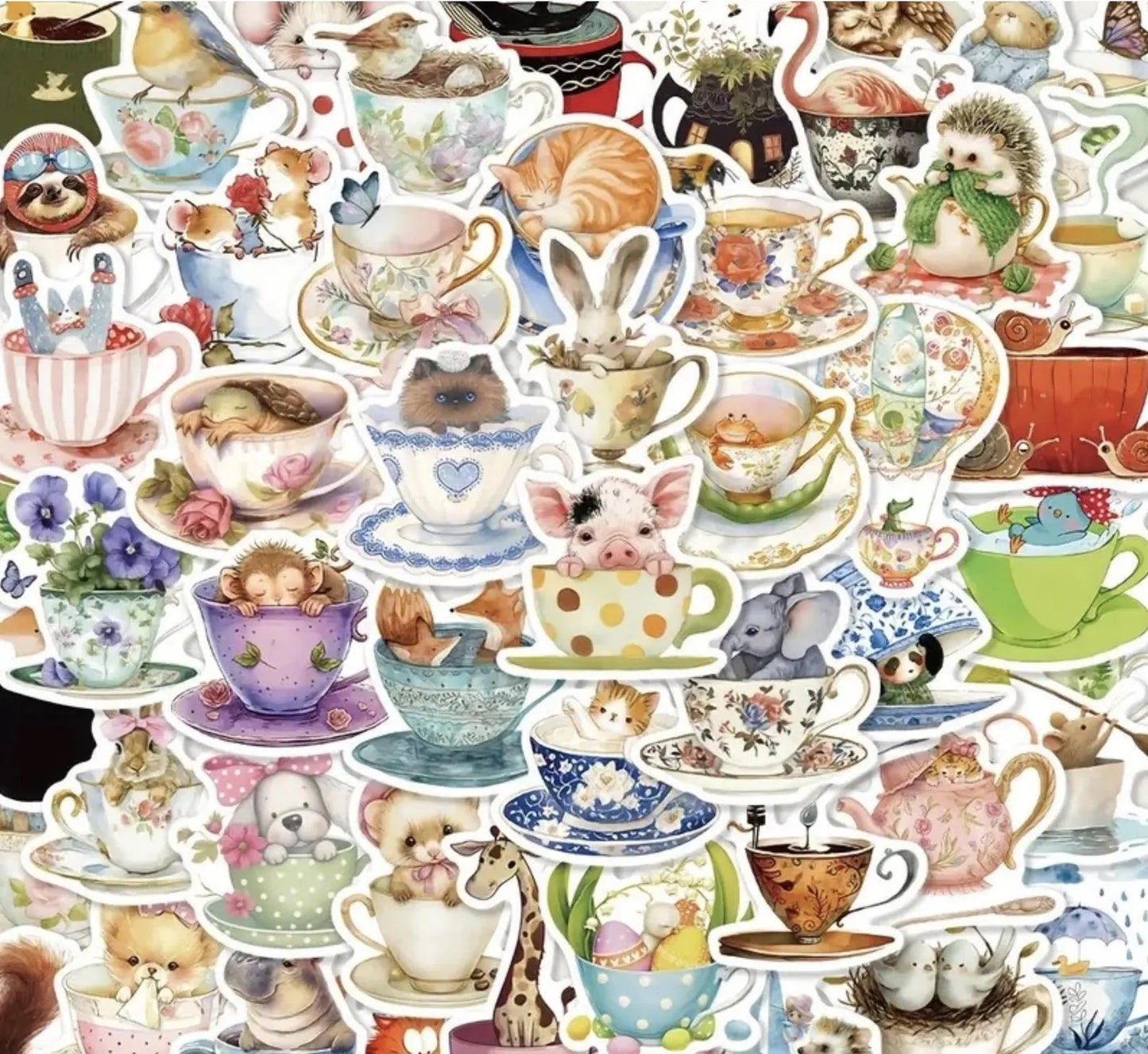 50 pcs Vintage Cute Animal in Tea Cup Stickers - Deco Paper Ephemera