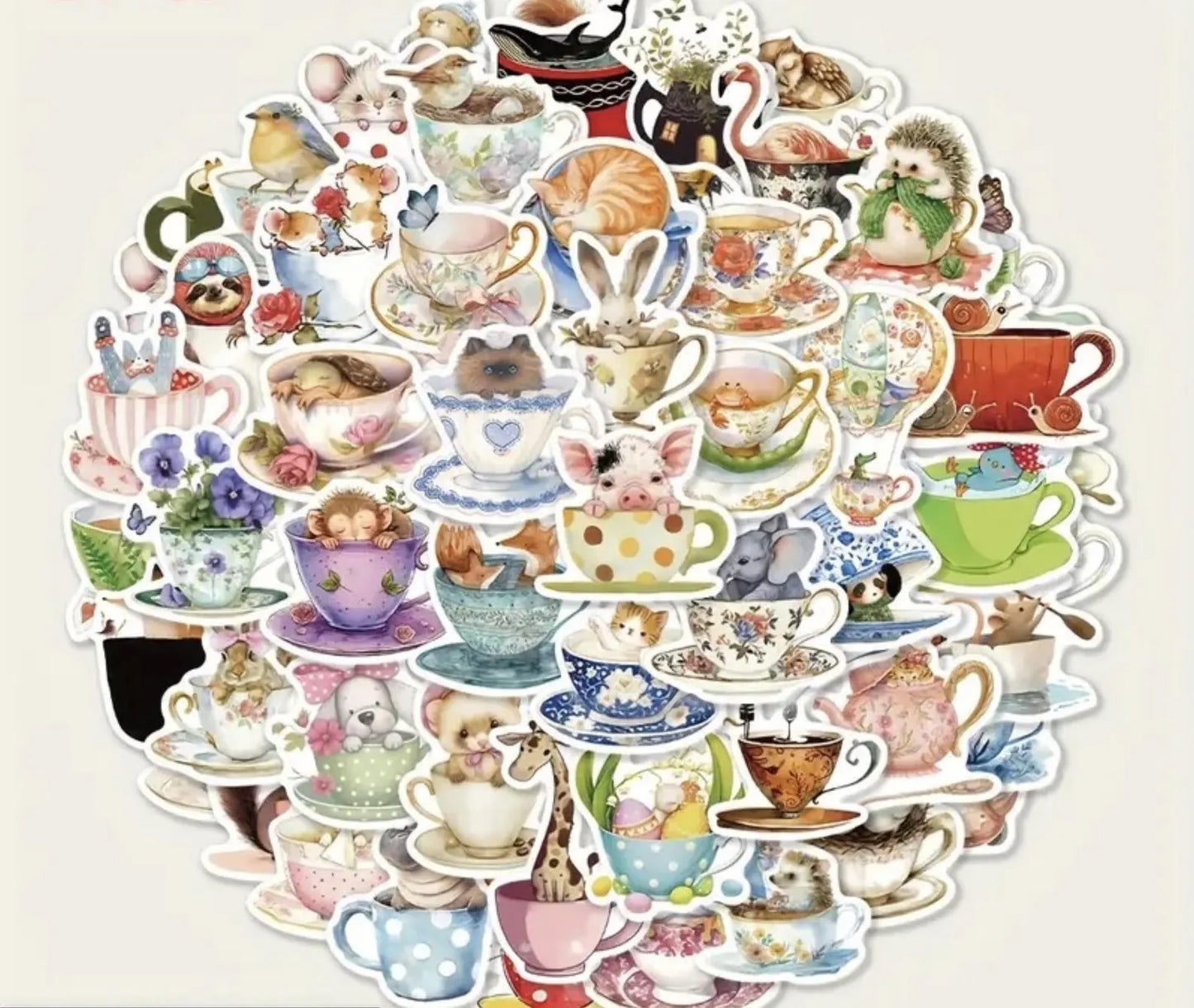 50 pcs Vintage Cute Animal in Tea Cup Stickers - Deco Paper Ephemera