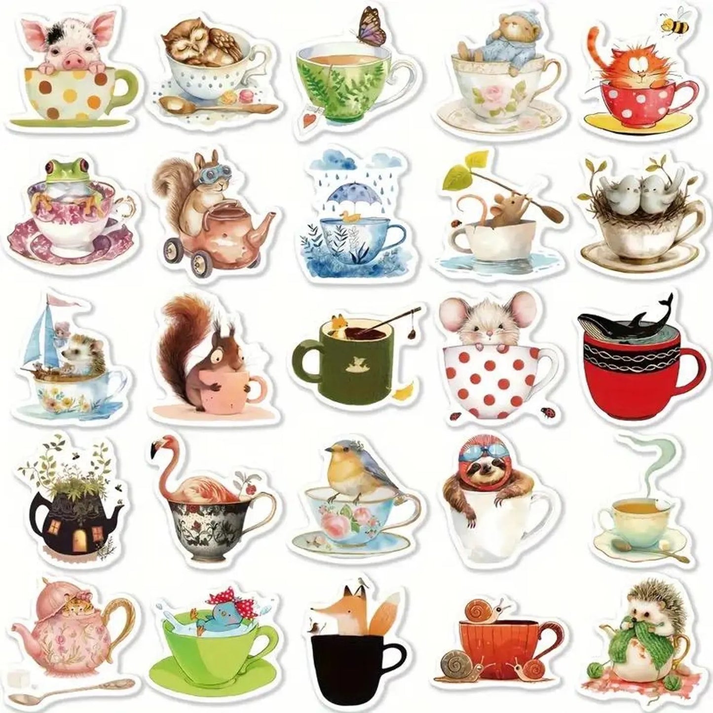 50 pcs Vintage Cute Animal in Tea Cup Stickers - Deco Paper Ephemera