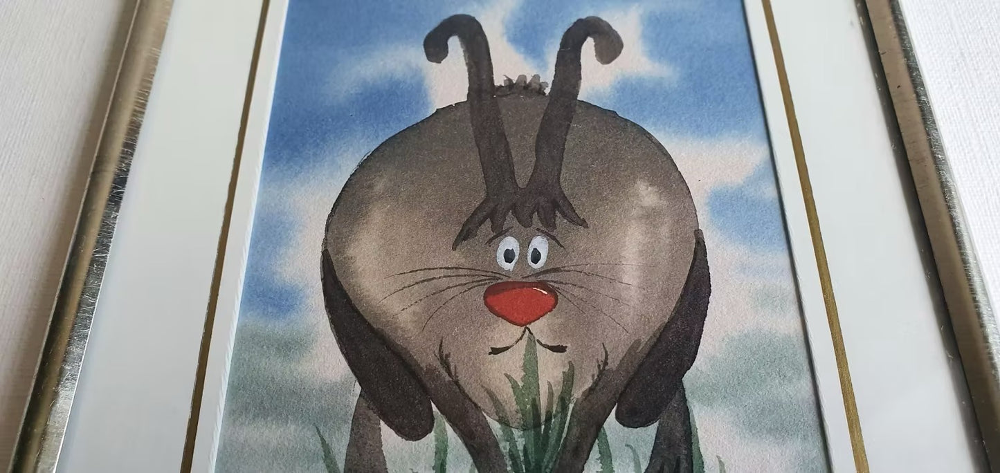 ORIGINAL WATERCOLOR PAINTING - Estonian artist V.GUREI - Whimsical Rabbit - Framed 13 x 17 cm - 2004