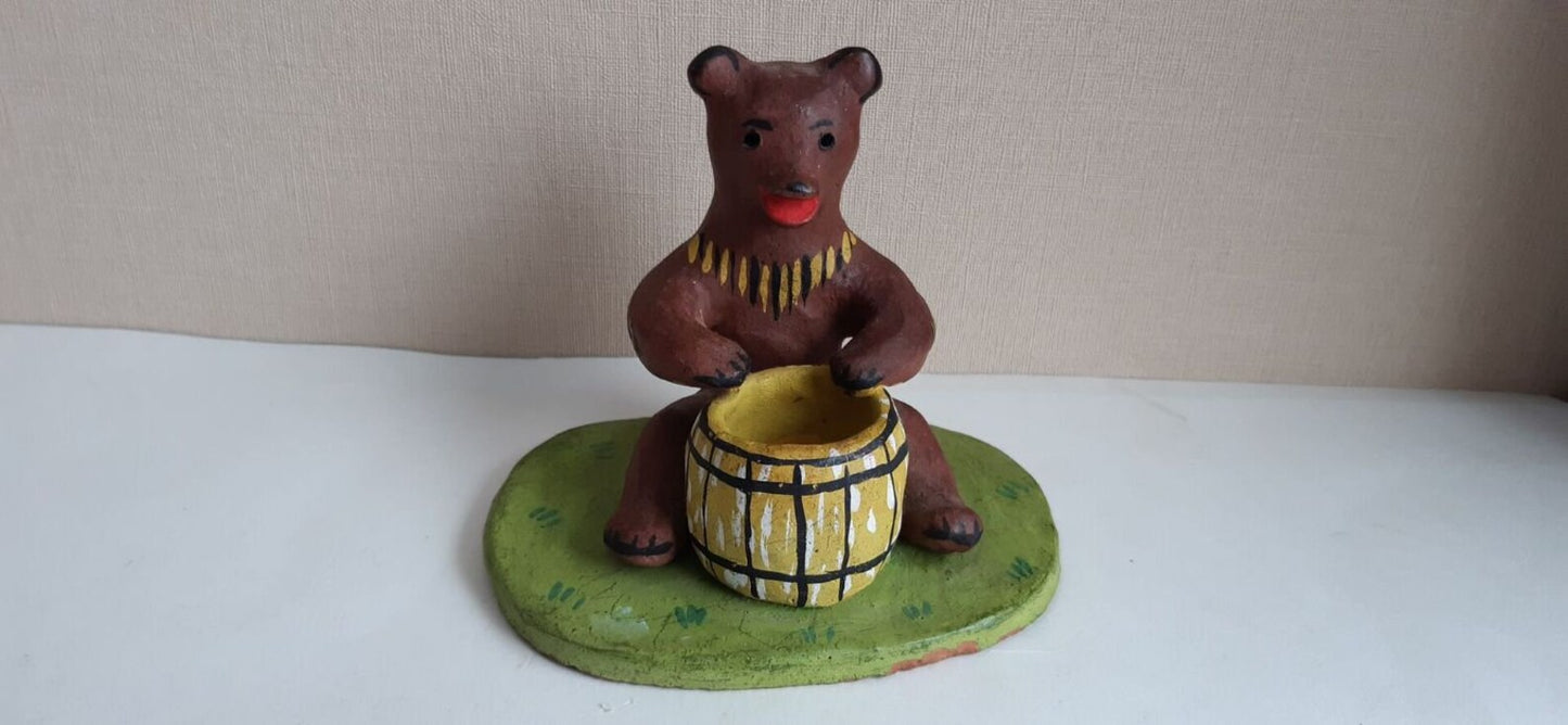 Vintage Soviet Painted Clay Figurine Bear candleholder - 1970s - unused