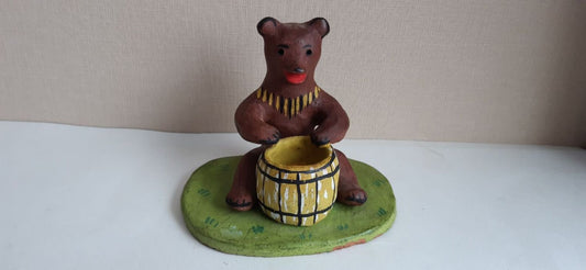 Vintage Soviet Painted Clay Figurine Bear candleholder - 1970s - unused