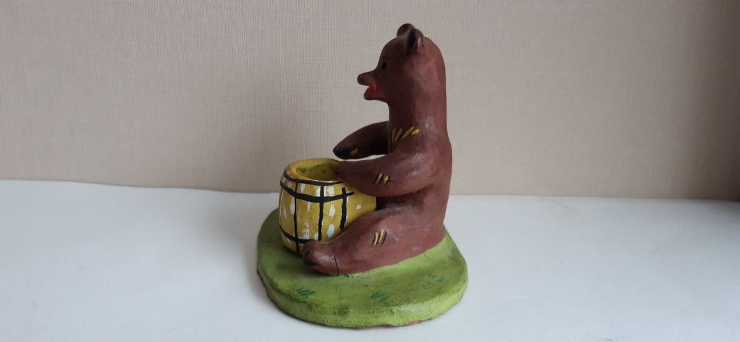Vintage Soviet Painted Clay Figurine Bear candleholder - 1970s - unused