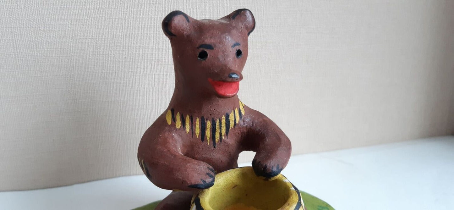 Vintage Soviet Painted Clay Figurine Bear candleholder - 1970s - unused