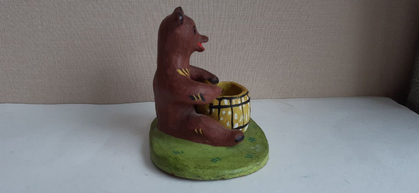 Vintage Soviet Painted Clay Figurine Bear candleholder - 1970s - unused