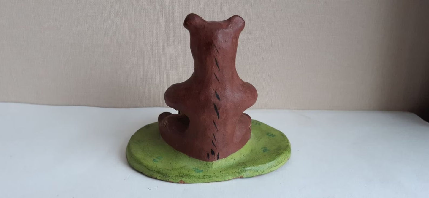 Vintage Soviet Painted Clay Figurine Bear candleholder - 1970s - unused