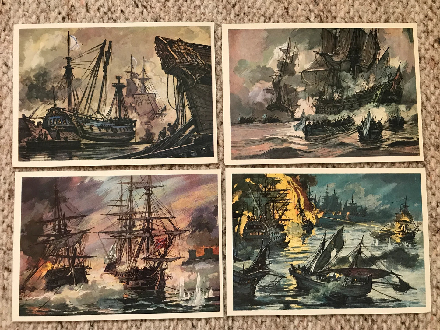 Set of 16 Vintage USSR collectible cards - History of the Russian Navy military Ships - Artist Rodinov - Russian Fleet - 1982 - unused