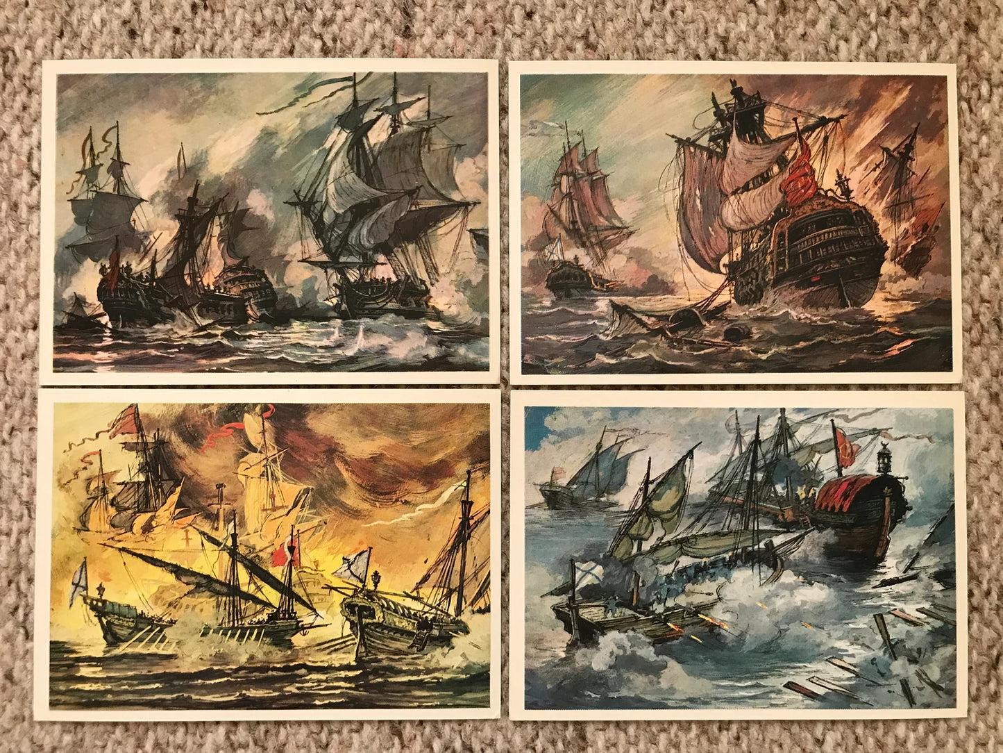 Set of 16 Vintage USSR collectible cards - History of the Russian Navy military Ships - Artist Rodinov - Russian Fleet - 1982 - unused
