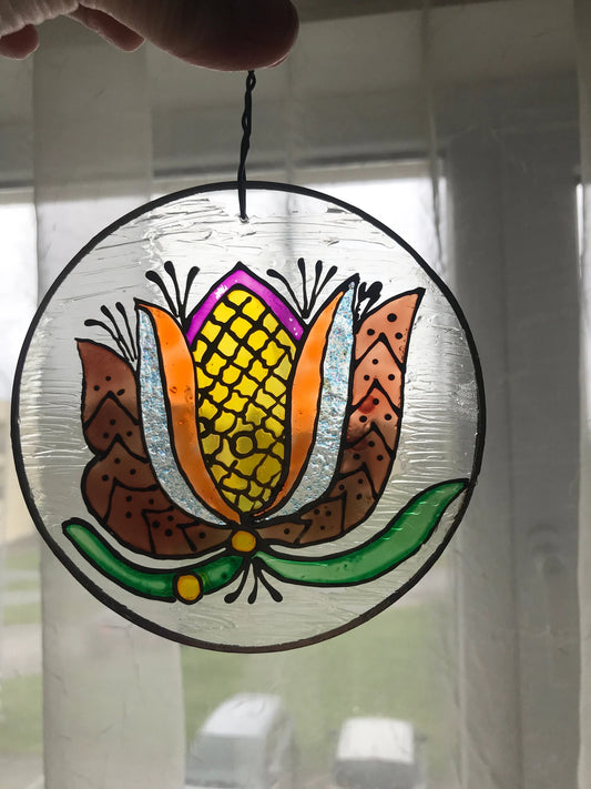 Vintage Floral Stained Glass Window Hanging Decor - Handmade - 1990s