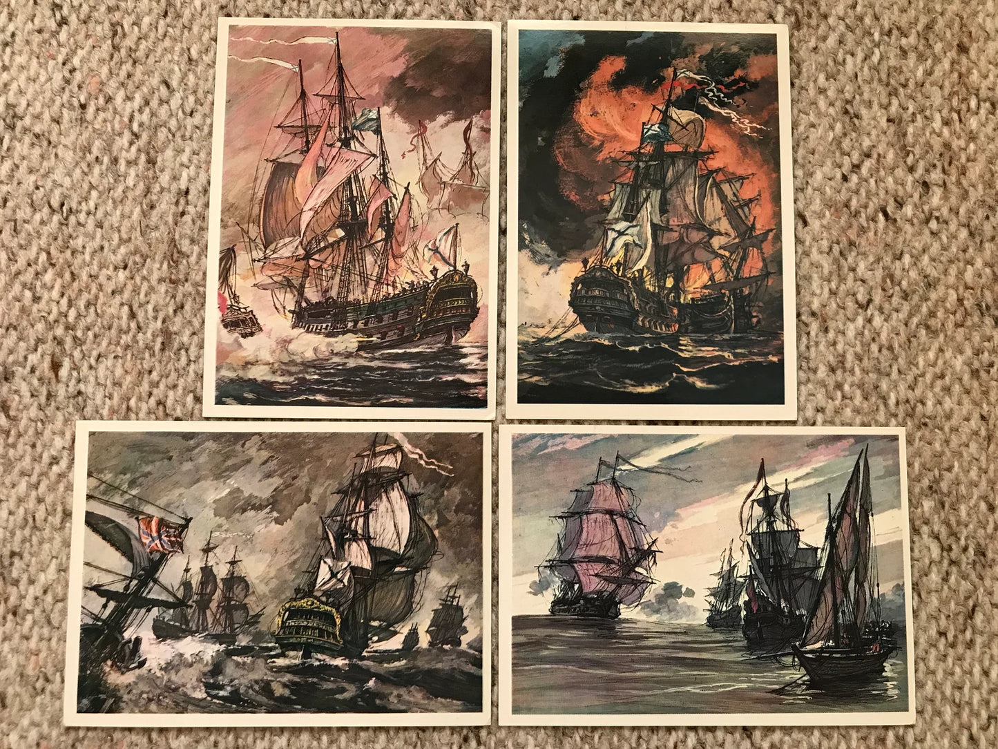 Set of 16 Vintage USSR collectible cards - History of the Russian Navy military Ships - Artist Rodinov - Russian Fleet - 1982 - unused